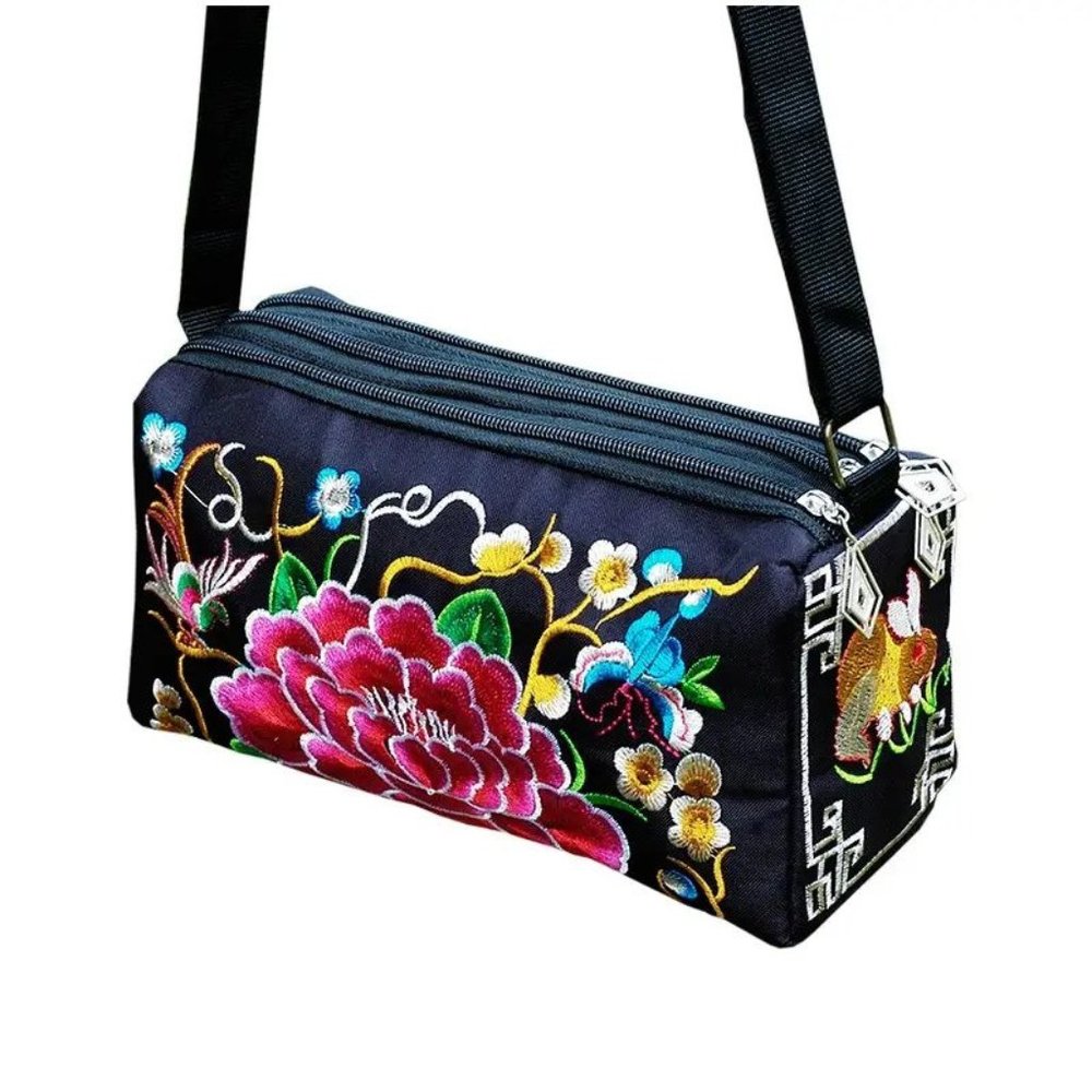 Floral Embroidered Crossbody Bag - Black NEW